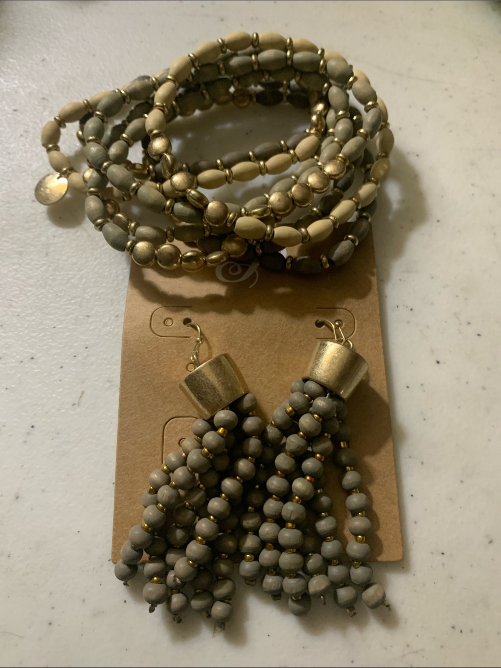Plunder Beaded Tassel Earrings & Beaded Bracelets Set - Neutral Taupe & Golgi